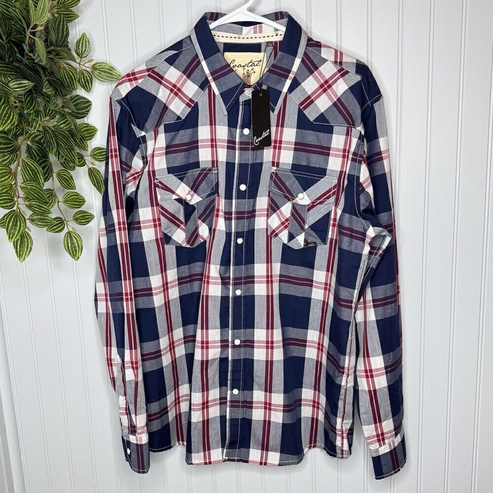 Coastal Men Sz L Button Up Shirt Large Red Navy Plaid Flannel Long Sleeve Collar